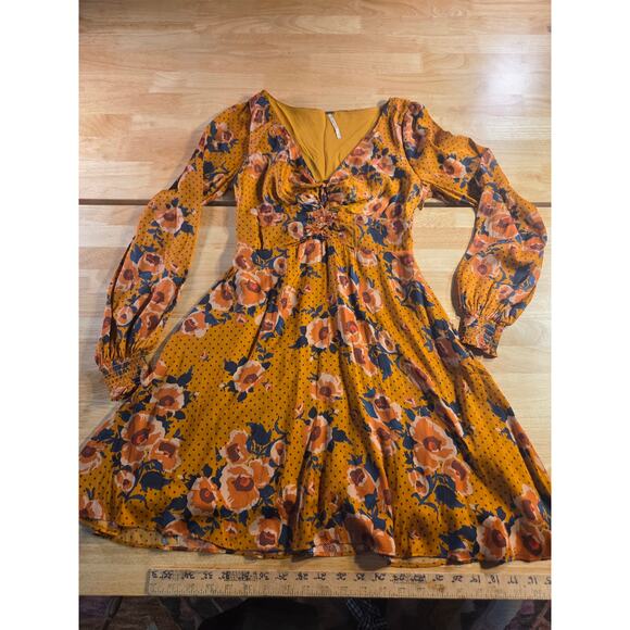 Free People Dresses & Skirts - Free People Mustard Yellow Floral Long Sleeve Knee Length Dress Size 4 Elastic